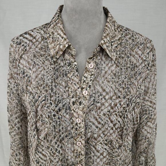 Chicos Top 2 Womens Large 12 Ivory Brown Chiffon Blouse Sheer Pleated Back - Picture 7 of 16